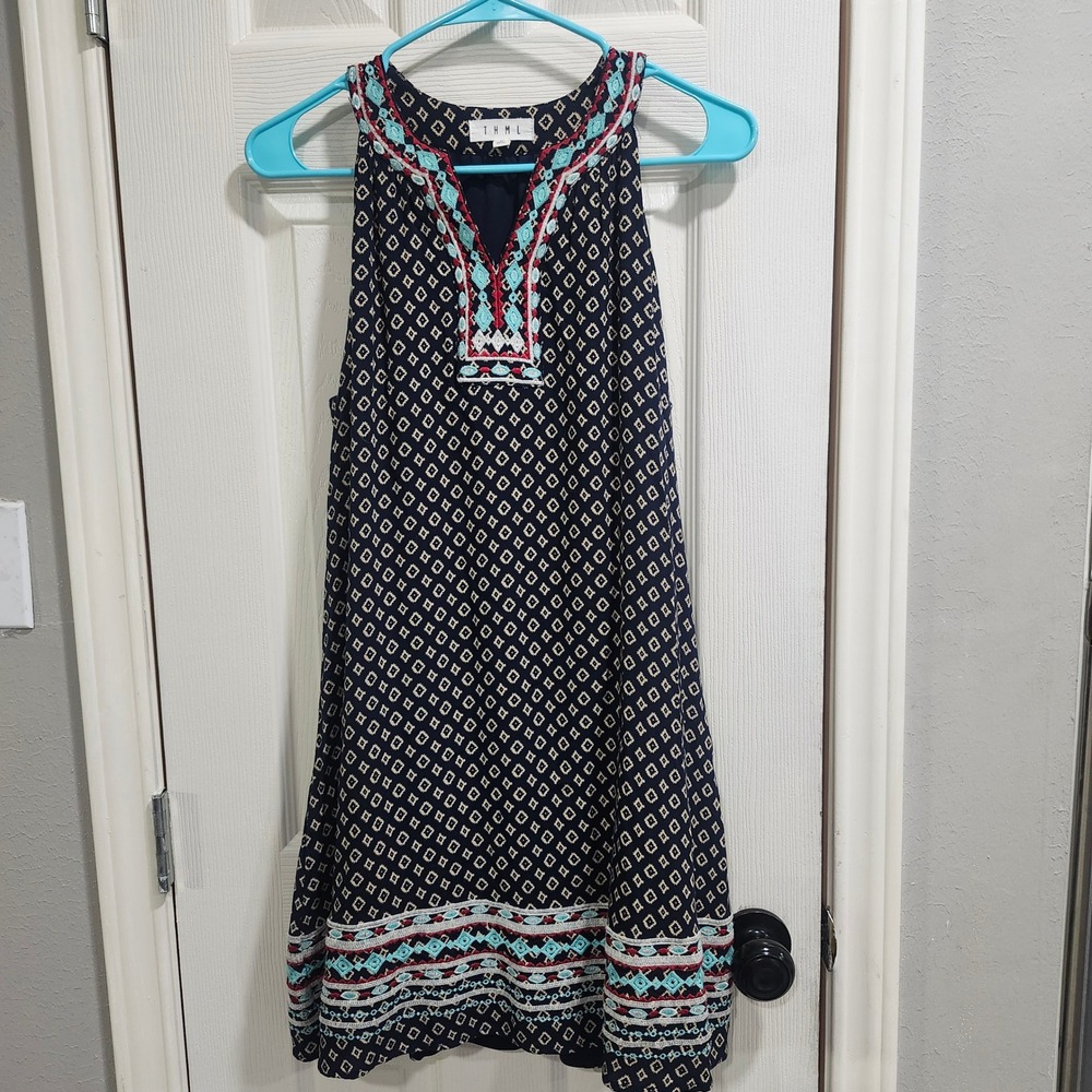 THML Navy Blue Embroidered Geometric Boho Shift Dress SF0032-N Womens Medium